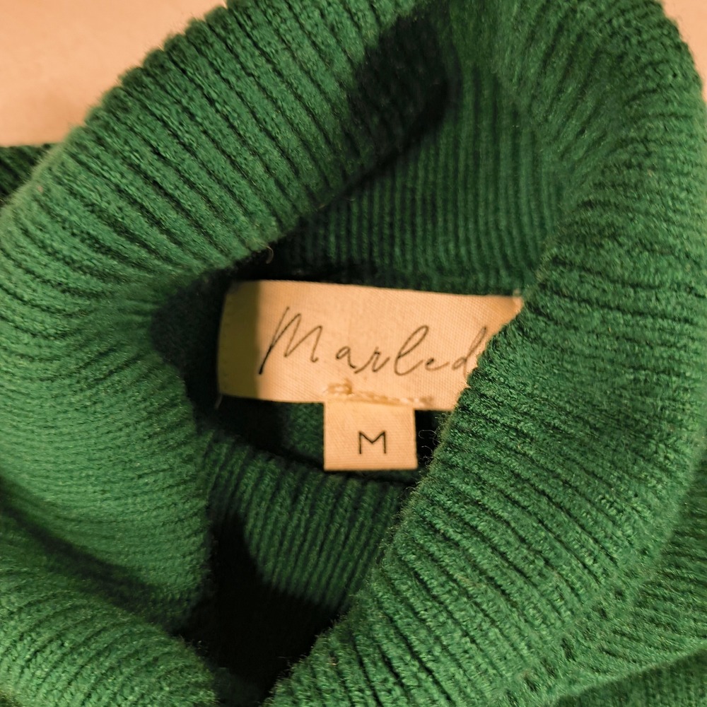 Marled Green Turtleneck Sweater Size M Sheer‎ Balloon Sleeve Pullover Chic Top - Picture 5 of 11